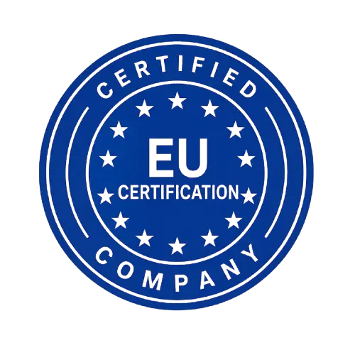 Badge bleu portant la mention « EU Certified Company » Copy alt text