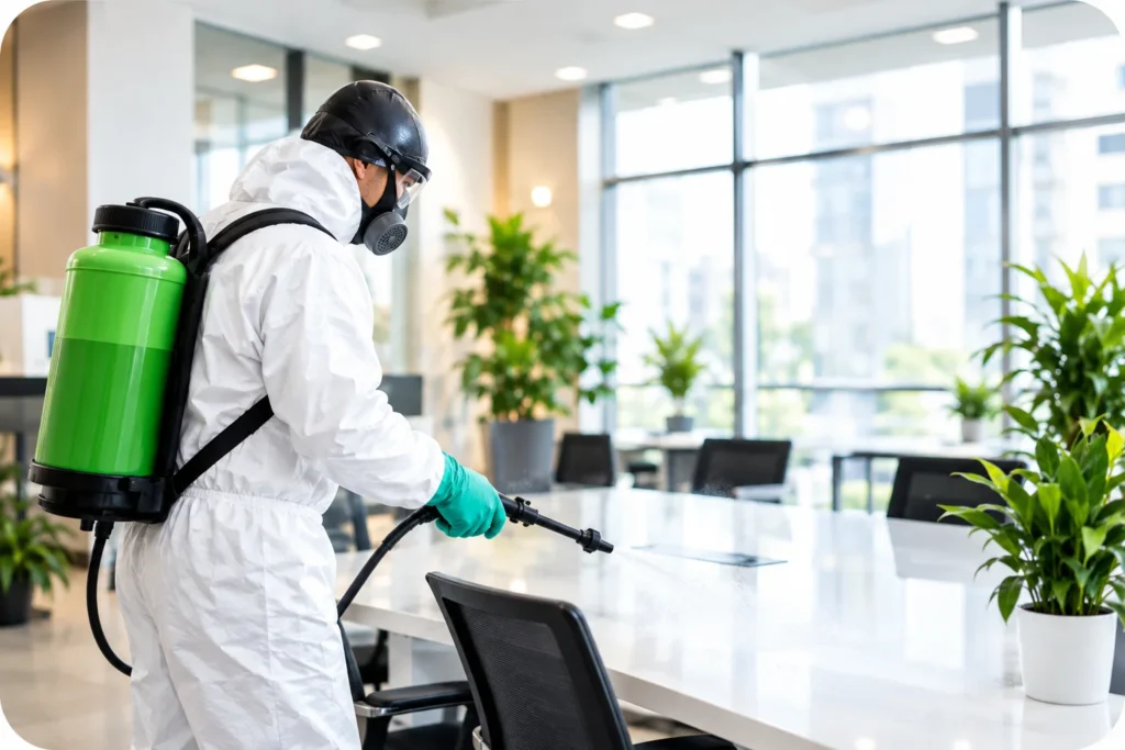 Technicien réalisant un traitement de désinfection dans un bureau