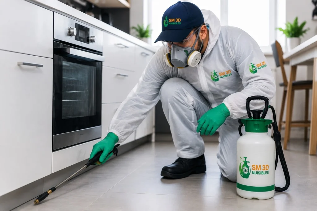 Technicien anti-nuisibles appliquant un traitement dans une cuisine